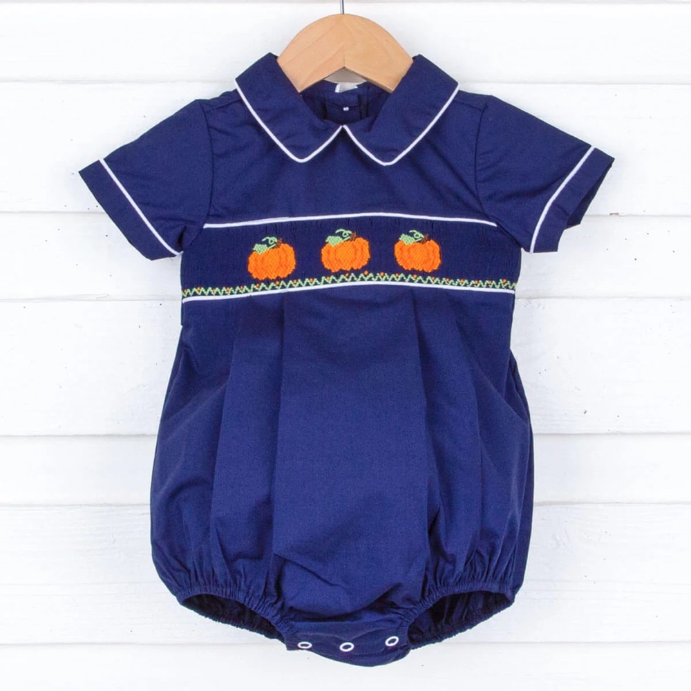 Navy Pique Smocked Pumpkins‎ Collared Boys Bubble 3M Classic Whimsy Fall Autumn
